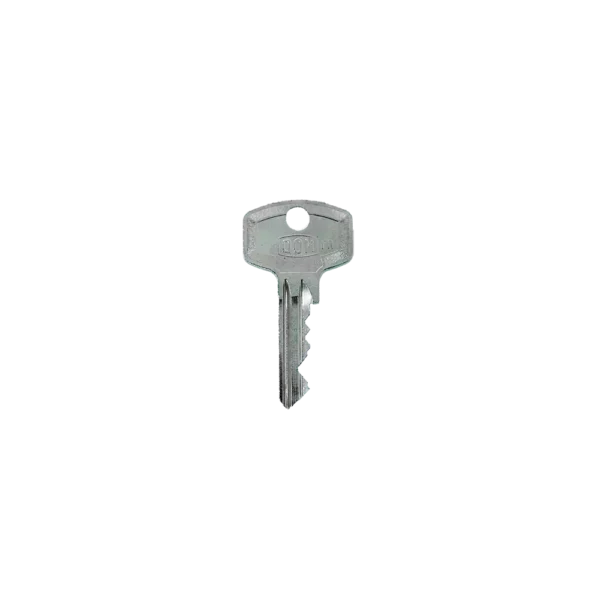 Detailaufnahme eines glänzenden DOM RN Schlüssels, charakteristische Rillen und Vertiefungen sichtbar, eingraviertes DOM-Logo, auf einem schlichten Hintergrund.