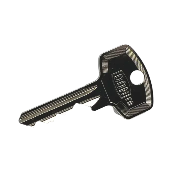 Silberner DOM RN Schlüssel mit präzisen Rillen.
